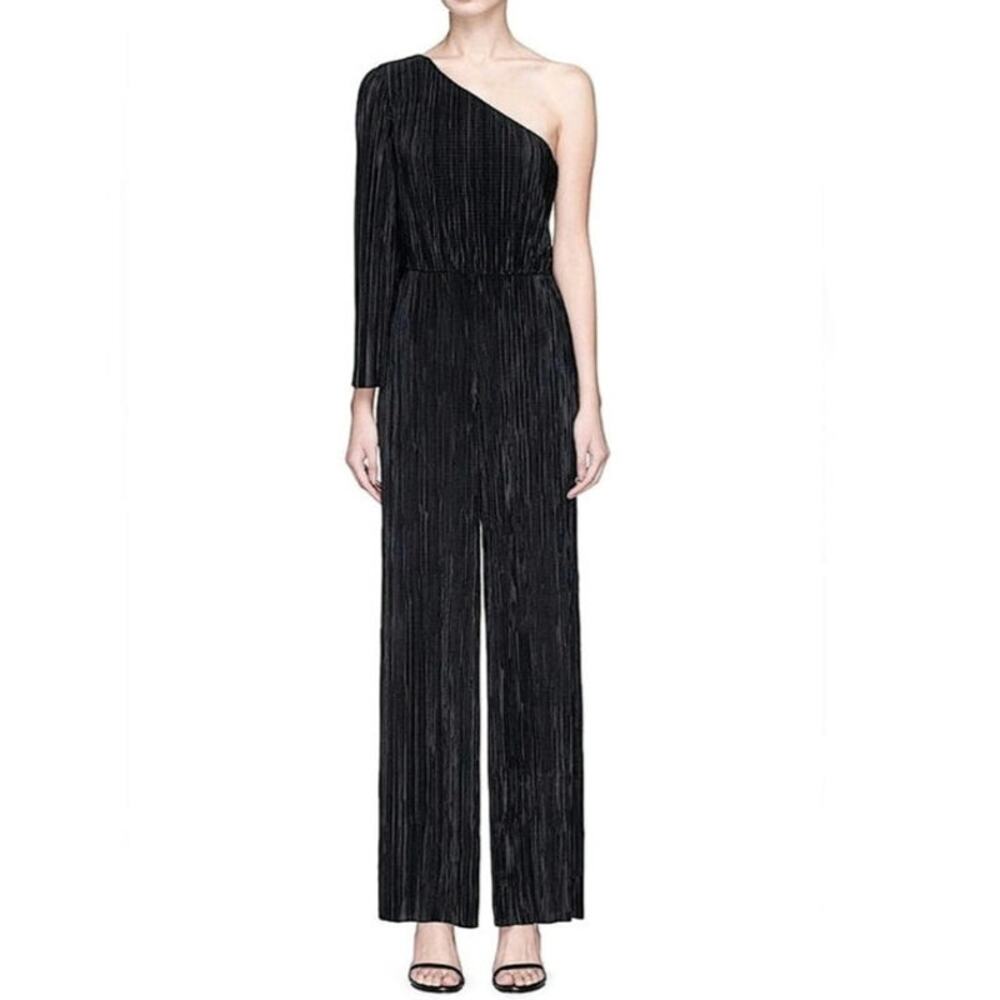 Alice + Olivia Keiko Pleated One Shoulder Black Jumpsuit Size 2 classic wide leg